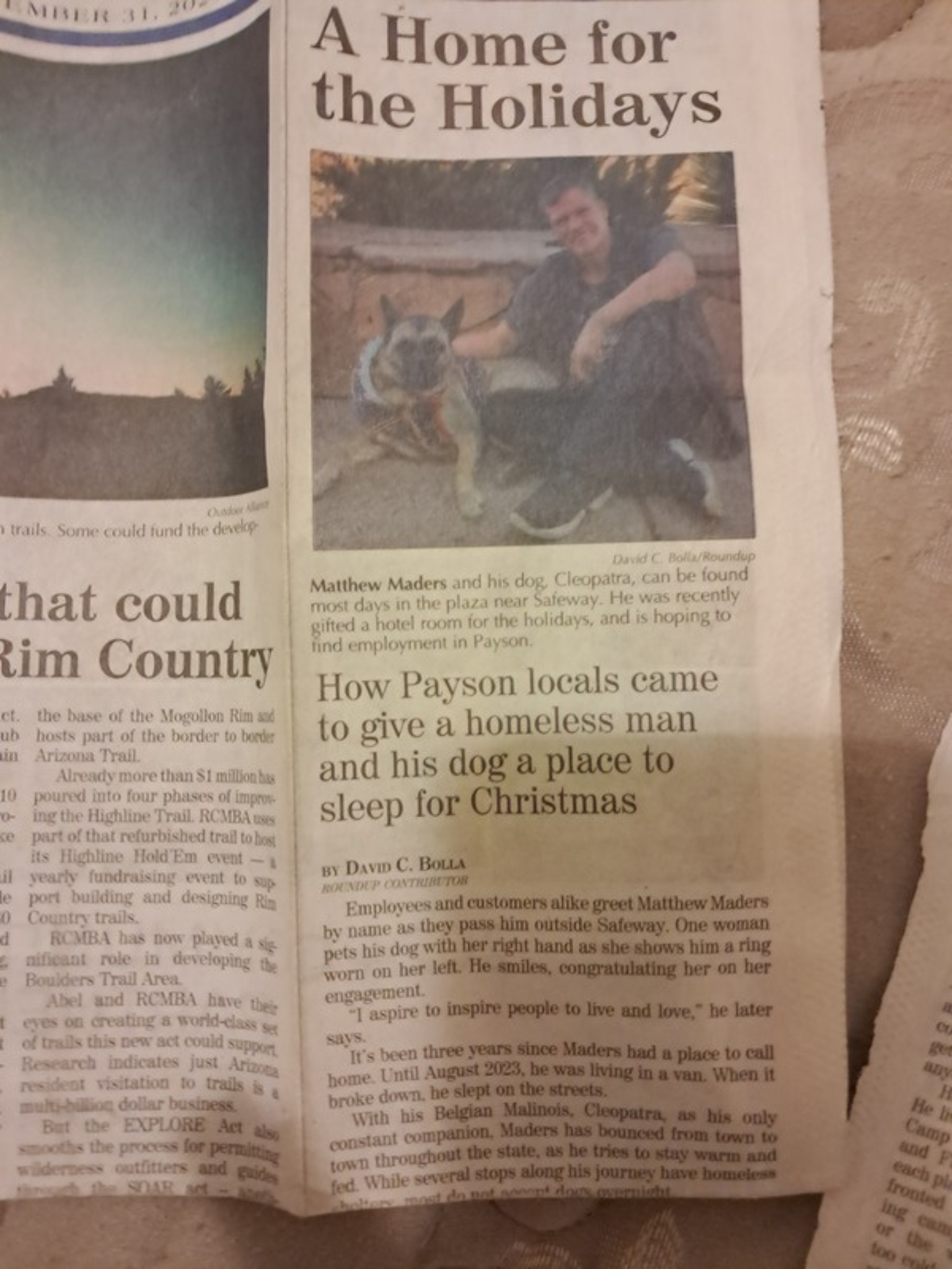 Payson Roundup newspaper article: A Home for the Holidays, featuring Matthew Maders and Cleopatra
